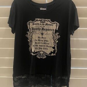 Haunted Mansion Black Graphic Tee with Lace Hem